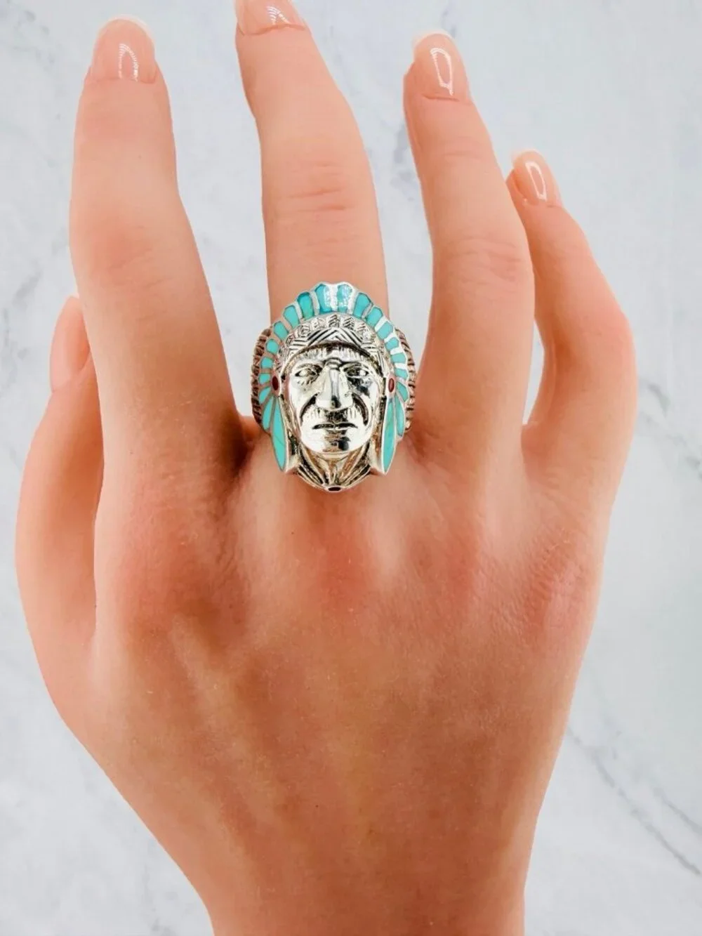 925 sterling silver Native American Chief ring turquoise Indian Face